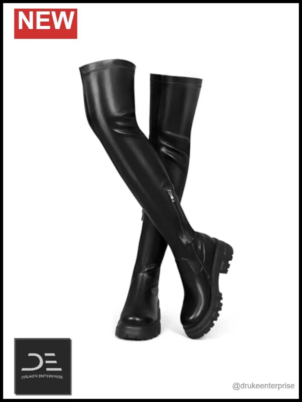PU Leather Thigh High Boots Women Over Knee Block Heel Side Zip Stretch